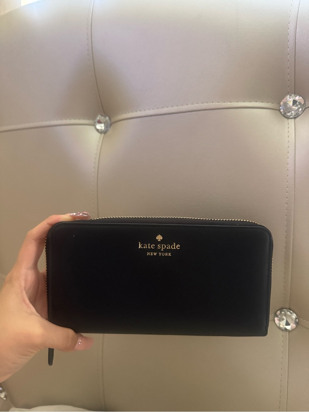 kate spade Black Saffiano Zip Around Wallet with Gold Logo
